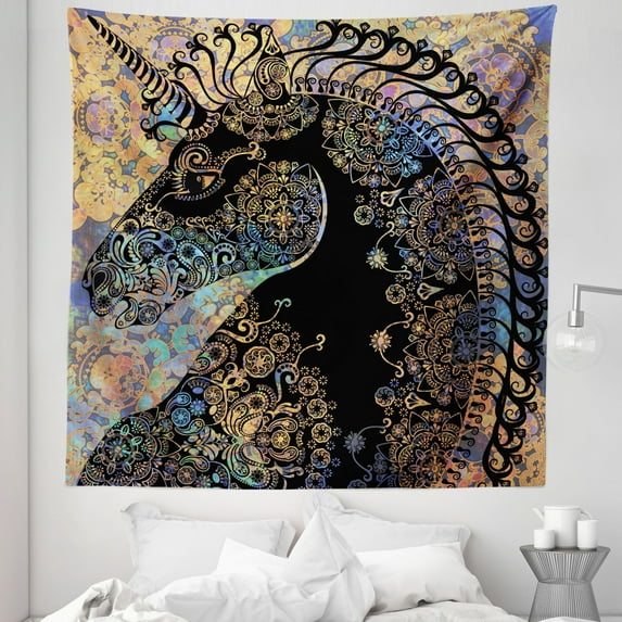 Unicorn Tapestry, Horse Profile Circular Mandala Flower Boho Motif Art, Fabric Wall Hanging Decor for Bedroom Living Room Dorm, 5 Sizes, Multicolor, by Ambesonne