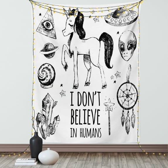 Unicorn Tapestry, Mysticism Occult Featured Set with Pyramids Aliens Dream-Catcher Grunge Print Artwork, Wall Hanging for Bedroom Living Room Dorm Decor, 40W X 60L Inches, Black, by Ambesonne