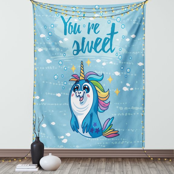 Unicorn Tapestry, "You're Sweet" Quote with Baby Penguin Shaped Unicorn and Fish in Sea Art Image Design, Wall Hanging for Bedroom Living Room Dorm Decor, 40W X 60L Inches, Blue, by Ambesonne