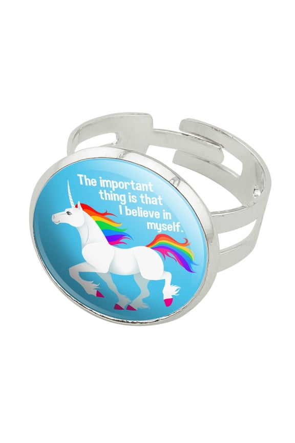 Unicorn The Important Thing is That I Believe in Myself Silver Plated Adjustable Novelty Ring