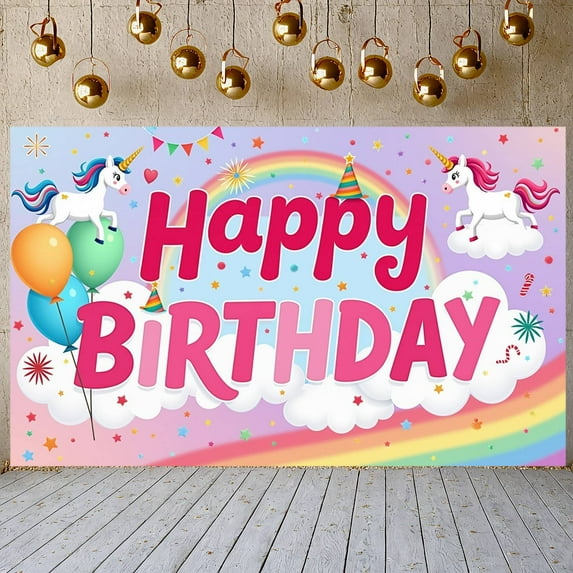 Unicorn Theme Banner Rainbow Design Unicorn Birthday Backdrop Colorful Balloons Star Patterns Rainbow Party Display for Birthday Party Kids Birthday Girls' Party