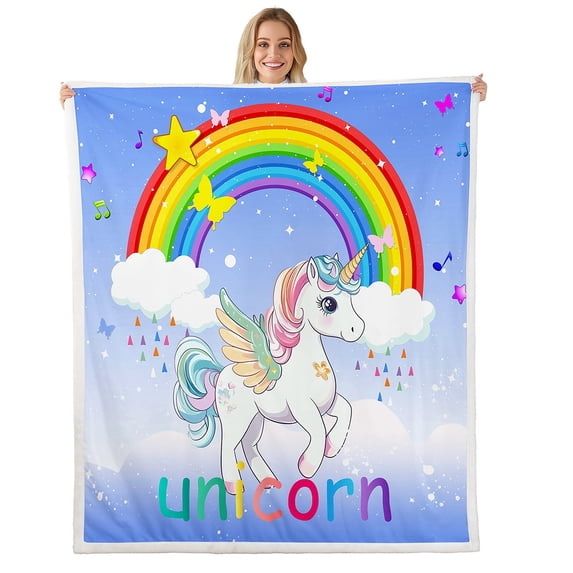 Unicorn Throw Blanket Twin Size Cute Cartoon Unicorn Fleece Blanket Rainbow Unicorn Fuzzy Blanket Stars Glittery Plush Bed Blanket Ombre Gradient Sherpa Blanket,Dark Blue White