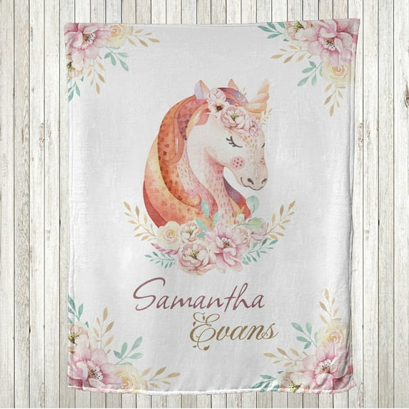 Unicorn Throw Blanket, Spring and Summer Flower Branches and Magic Pony Horse Soft Warm Colors, Flannel Fleece Accent with Custom Name Photo Backdrop, 40" x 30", Salmon Pink Mint Green, by Ambesonne