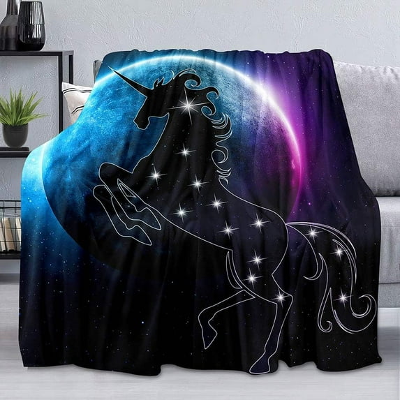 Unicorn Throw Blanket, Starry Sky Earth Planet Space Blue Purple Galaxy Blanket, Baby Girl Blanket, Cozy Warm Soft Lightweight Fuzzy Plush Flannel Fleece Blanket for Couch, Sofa, 50"x60"