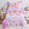 thumbnail image 1 of Unicorn Toddler Bedding Set for Girls, Pink Rainbow Floral Toddler Comforter Set Stars Kids Bed in A Bag with Comforter, Flat Sheet, Fitted Sheet and Pillowcase, Pink, 1 of 9