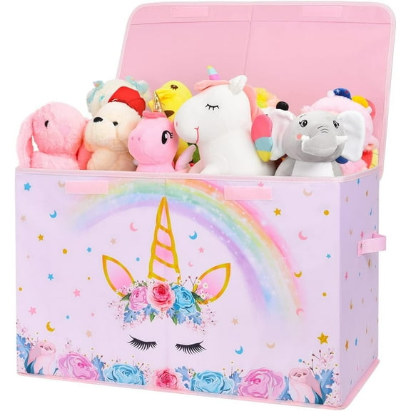 Unicorn Toy Box - Collapsible Oxford Storage Bin with Handles 25" x 13" x 16" Toys Clothes Books Chest Organizer Cube with Flip-top Lid for Girls Kids Bedroom Nursery Living Room