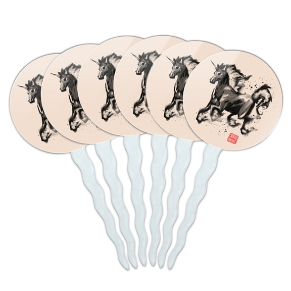 Unicorn Traditional Chinese Ink Painting Cupcake Picks Toppers Decoration Set of 6