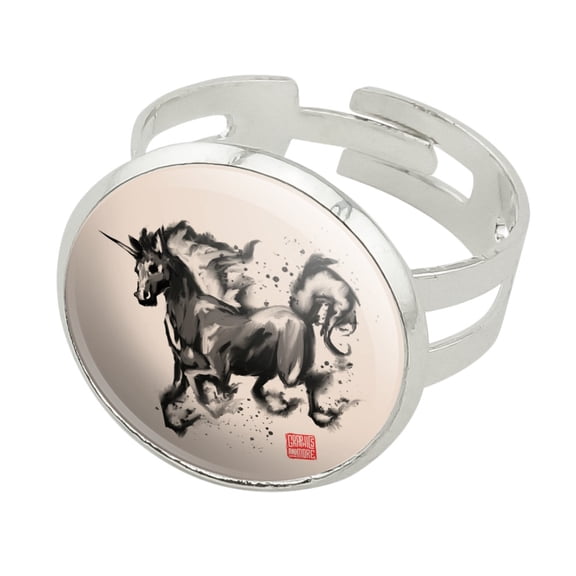 Unicorn Traditional Chinese Ink Painting Silver Plated Adjustable Novelty Ring