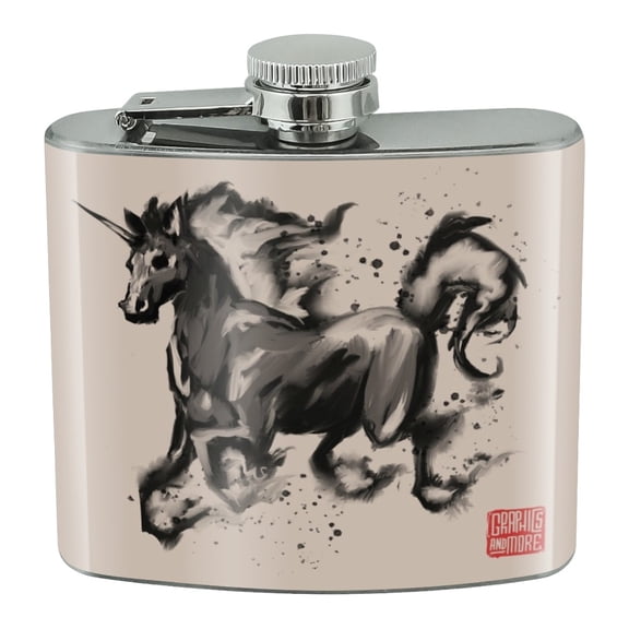 Unicorn Traditional Chinese Ink Painting Stainless Steel 5oz Hip Drink Kidney Flask