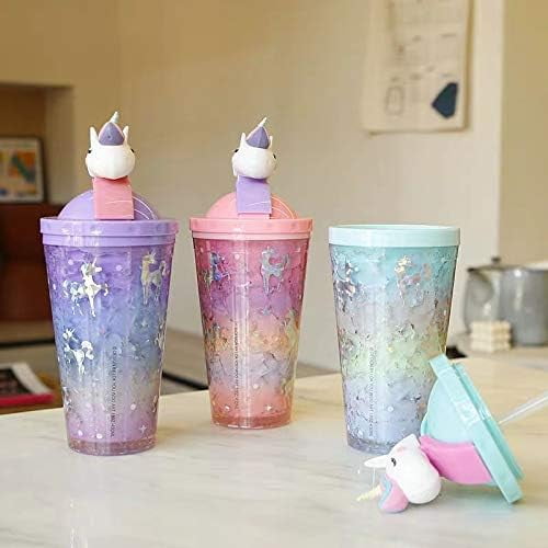Unicorn Travel Tumbler with Straw Girl Ice Drinking Cup Water Bottle, Pink- Red- Purple