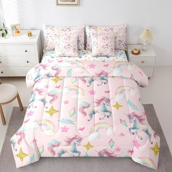Unicorn Twin Bed in a Bag Rainbow Unicorn Bedding Sets 7 Piece Pink Kawaii Unicorn Comforter Set with Sheets Stars Fantasy Decor Bed Set Pink Gradient Sheets Princess Decor