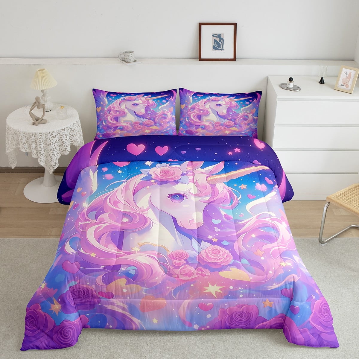 Unicorn Twin Bedding Set,Purple Unicorn Comforter Set,Romantic