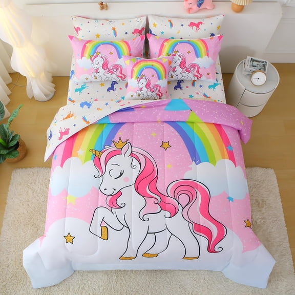 Unicorn Twin Bedding Sets for Girls Kids,6 Piece Bed in A Bag 3D Pink Sky Rainbow Clouds Theme Unicorn Comforter Set with Sheet Set(Pink )