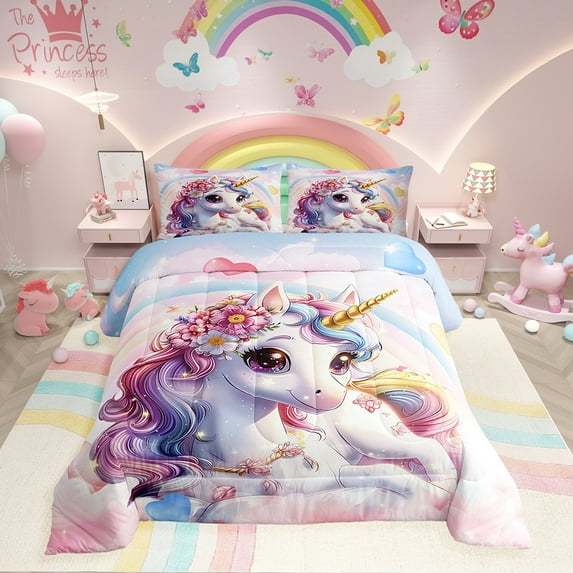 Unicorn Twin Comforter Set Twin Bedding Set Cute Rainbow Unicorn Duvet Comforter Cartoon Bedding Sets Twin Pink Unicorn Bedroom Decor Teens,1 Comforter+1 Pillowcase