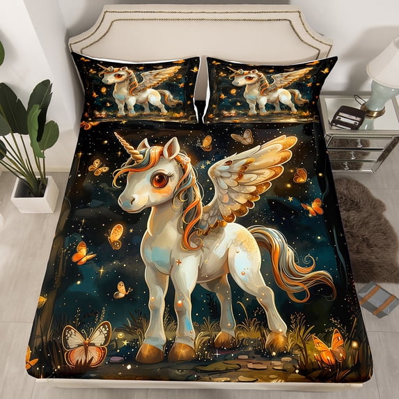 Unicorn Twin Size Bedding Set,Unicorn Bed Sheets Set Teens,Magical Butterfly Flat Fitted Sheet Bedroom,Cartoon Unicorn Horse Sheet Set （No Top Sheet）