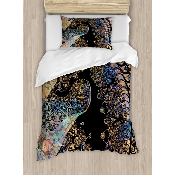Unicorn Twin Size Duvet Cover Set, Fairytale Unicorn Profile with Ethnic Circular Mandala and Flower Boho Motif Artwork, Decorative 2 Piece Bedding Set with 1 Pillow Sham, Multi, by Ambesonne