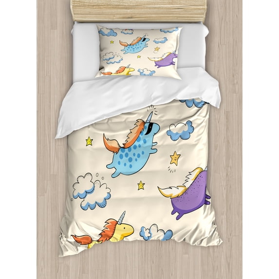Unicorn Twin Size Duvet Cover Set, Pastel Colored Illustration of Several Flying Pony Baby Unicorns in the Air Artwork, Decorative 2 Piece Bedding Set with 1 Pillow Sham, Multi, by Ambesonne