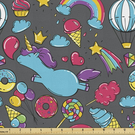 Ambesonne Unicorn Fabric by the Yard Upholstery, Unicorns Rainbows Cartoon, 2 Yards, Multicolor