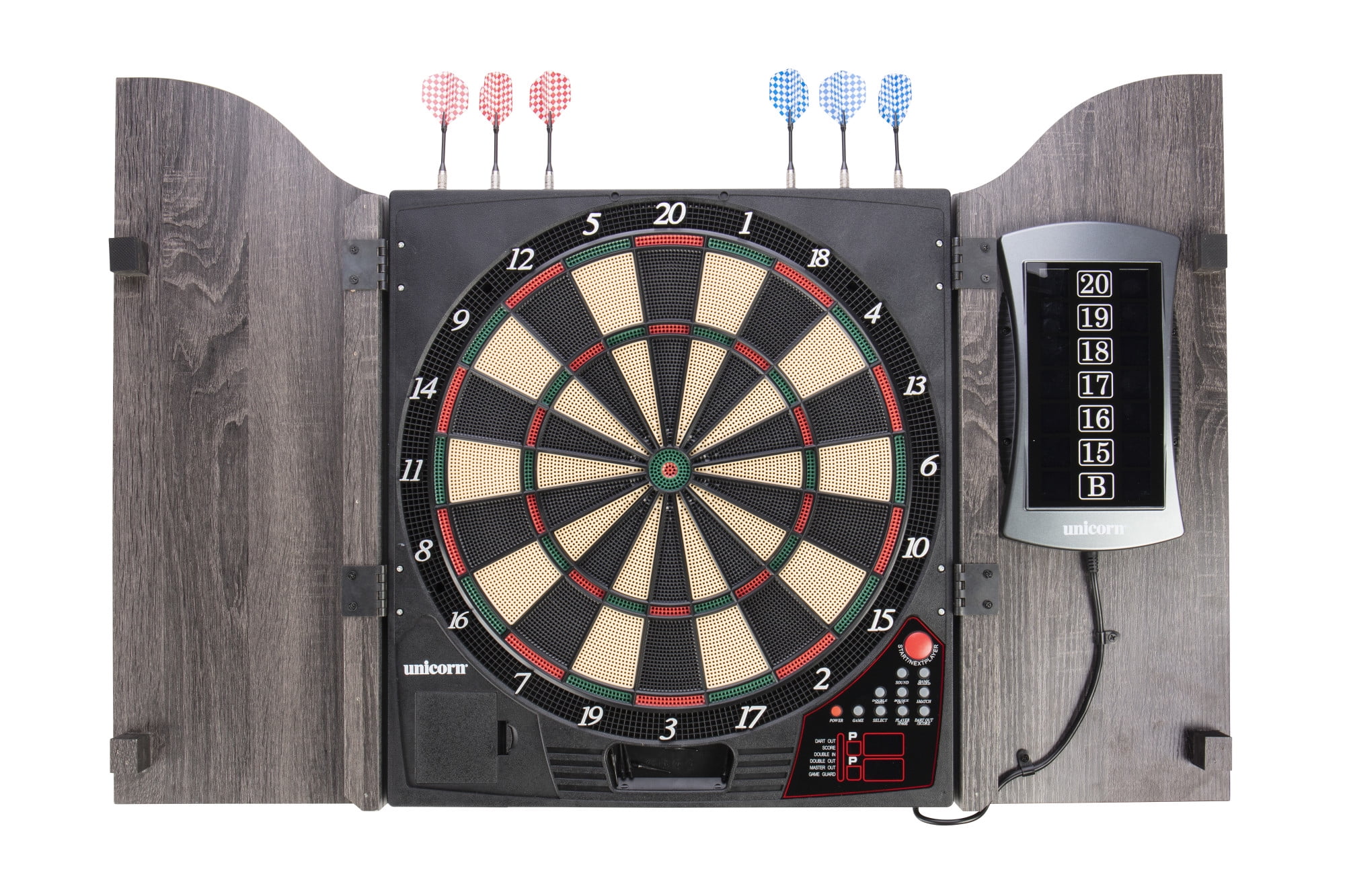 Wooden Dartboard Cabinet with Backlit Display and Brass Hinges