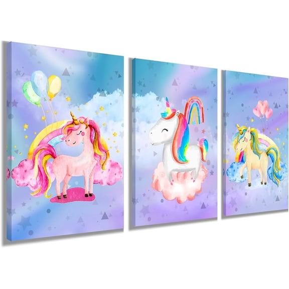 Unicorn Wall Art Girl's Bedroom Decor - Rainbow Canvas Pictures for Kids Nursery Home Decor - Watercolor Posters Paintings Set of 3 Framed 12x16 inch