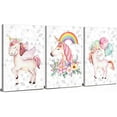 thumbnail image 1 of Unicorn Wall Art for Girls Bedroom Colorful Unicorn Wall Decor Kids Room Pictures Watercolor Balloon Rainbow Pink Floral Painting Canvas Nursery Framed Artwork Bathroom Home Decorations 12x16 3 Piece, 1 of 6