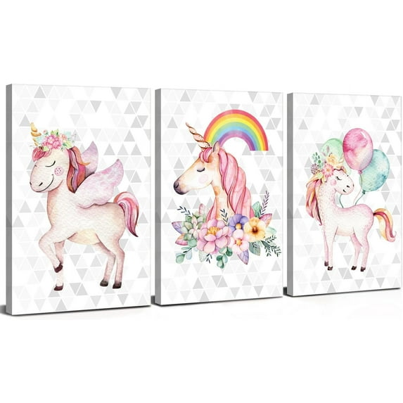 Unicorn Wall Art for Girls Bedroom Colorful Unicorn Wall Decor Kids Room Pictures Watercolor Balloon Rainbow Pink Floral Painting Canvas Nursery Framed Artwork Bathroom Home Decorations 12x16 3 Piece