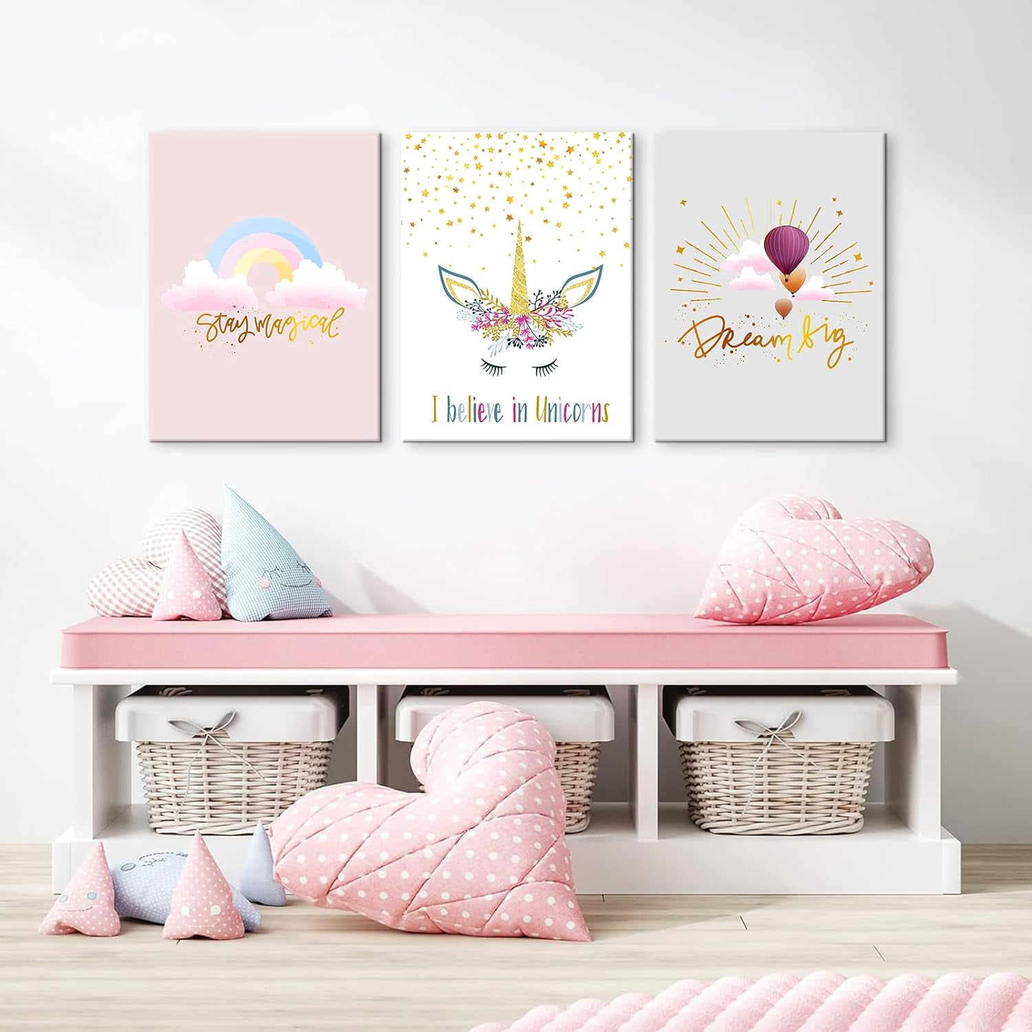 Unicorn Wall Art Girls Bedroom Decor Rainbow Pink Kids Canvas Prints ...