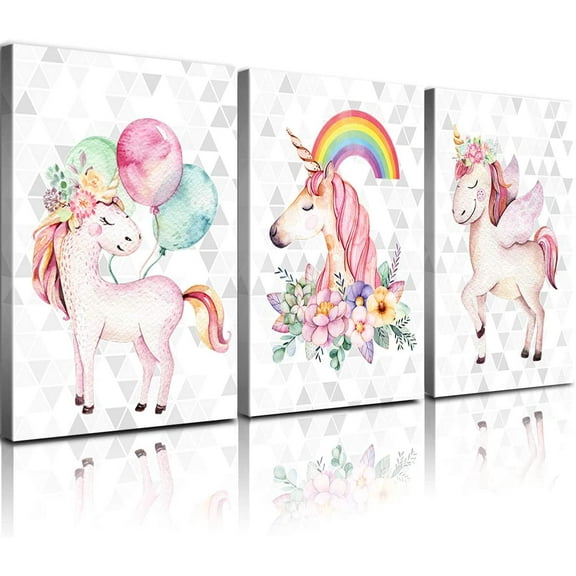 Unicorn Wall Art Unicorn Bedroom Decor for Girls Colorful Rainbow Balloon Posters Nursery Room Painting Girly Pink Floral Canvas Pictures Artwork Kids Toddler Bathroom（Only canvas）