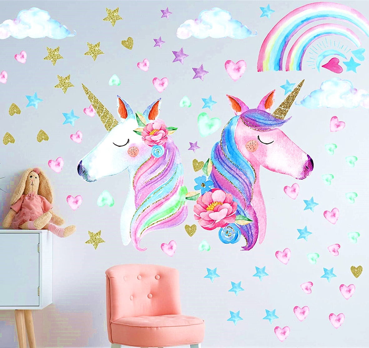 Unicorn Wall Decal Stickers-Wall Decals for girls bedroom-Unicorn Rainbow Room Wall Decor for Girls Kids Bedroom Nursery Christmas Birthday Party Decoration3 Sheets