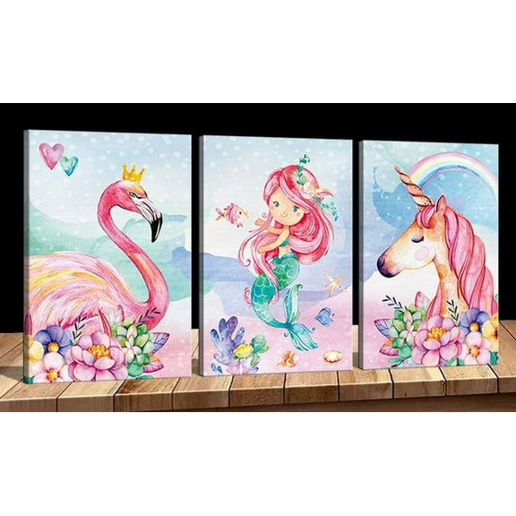 Unicorn Wall Decor Pictures Pink Girls Room Bedroom Bathroom Wall Art Cute Mermaid Flamingo Watercolor Painting Artwork Pink Rainbow Framed Canvas Print Nursery Kids Birthday Gifts 3 Pieces