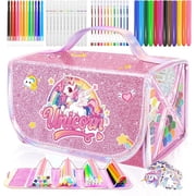 70PCS Unicorn Washable Markers Set with Glitter Case,Supplies for Kids Ages 4-6-8,Drawing Coloring Craft Kits for Girls with Marker,Glitter Pens,Crayon,Birthday Gifts Toys for Girls