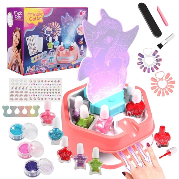 Unicorn Water-Based Nail Art Kit for Girls 6-12 | Complete Salon Set with Mini Dryer, Press-On Nails & Stickers Non-Toxic Toy Gift (Set)