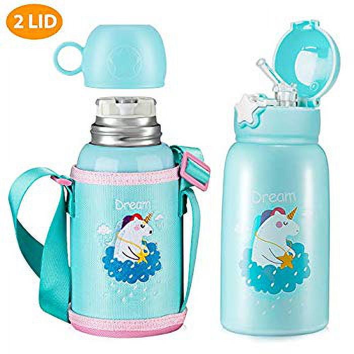 Unicorn Water Bottle with Straw for Kids, Cute Toddler Stainless Steel  Thermos Cup with Carrier Holder Shoulder Strap and Spare Cover Lid,  Insulated Leakproof BPA Free Flip Lid (21 oz Blue) 