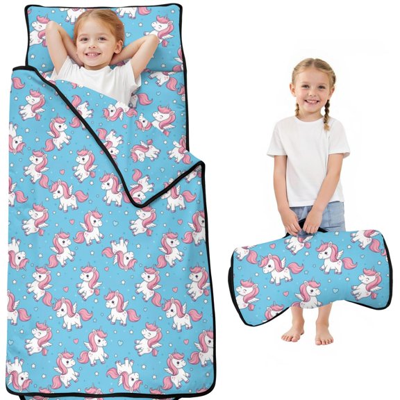 Unicorn and Wing Blue Pattern Kids Nap Mat, Preschool Sleeping Pad with Handle & Fastening Straps, Soft Skin Friendly Gifts for Toddlers Kids Boys Girls,50"x20"
