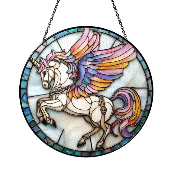 Unicorn Winter Scene Stained Glass Window Decor, Enchanting Fantasy Art Panel for Cozy Living Spaces