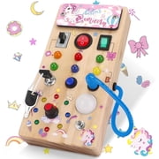 Unicorn Wooden Busy Board Sensory Toys with 8 LED Light Switches,Christmas Travel Toys Montessori Toys for 1 Year Old Babies Toddler