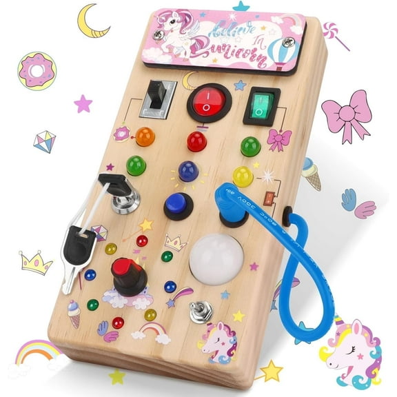 Unicorn Wooden Busy Board Sensory Toys with 8 LED Light switches,Christmas Travel Toys Montessori Toys for 1 Year Old Babies Toodler