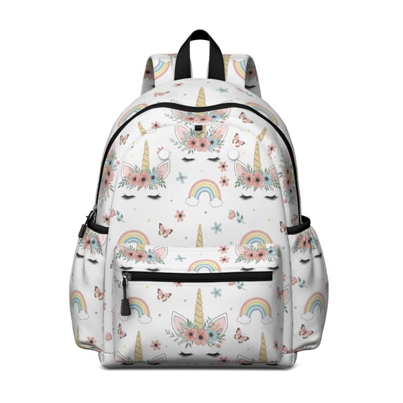 Unicorn and Butterfly White Pattern Backpack for School, Cute School Bag with Adjustable Shoulder Straps and Padded Back, 13.4"x11"x4.7"