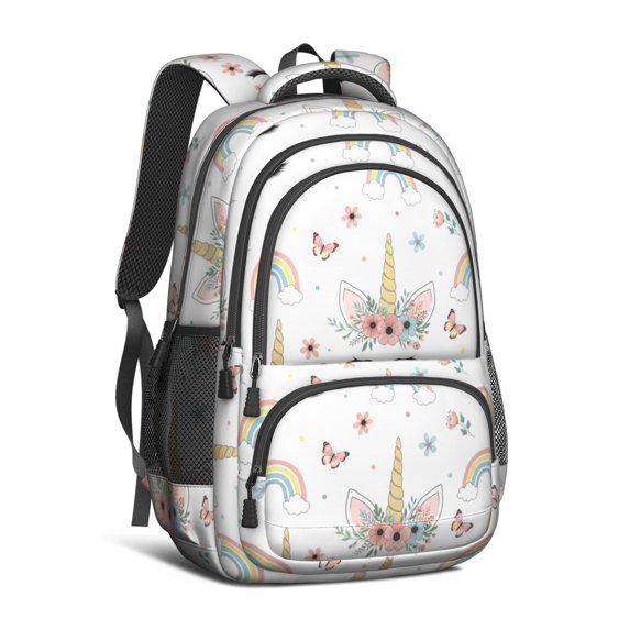 Unicorn and Butterfly White Pattern Backpack for School, Cute School Bag with Adjustable Shoulder Straps and Padded Back, 16.9"x12.6"x5.9"