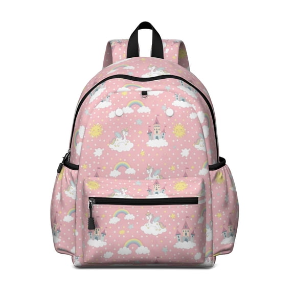 Unicorn and Castle Pink Pattern Backpack for School, Cute School Bag with Adjustable Shoulder Straps and Padded Back, 13.4"x11"x4.7"