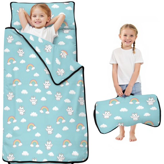 Unicorn and Cat Blue Pattern Teens Toddler Nap Mat with Pillow, Sleeping Mat Bag for Preschool Daycare 51"x22"