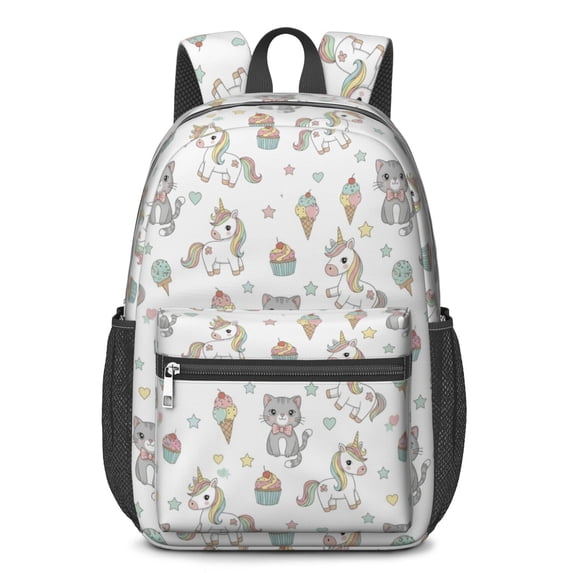 Unicorn and Cat White Pattern 17" Waterproof Oxford School Backpacks for Teens, S-Shape Padded Straps, for School, Travel, Hiking, Camping