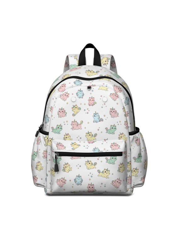 Unicorn and Cat White Pattern Cute School Backpack with Padded Back and Adjustable Shoulder Straps 13.4"x11"x4.7"