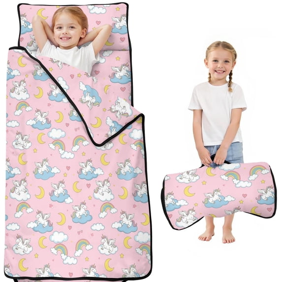 Unicorn and Cloud Pink Pattern Teens Toddler Nap Mat with Pillow, Sleeping Mat Bag for Preschool Daycare 51"x22"