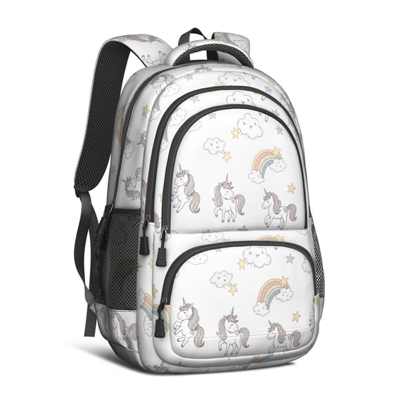 Unicorn and Cloud White Pattern Backpack for School, Cute School Bag with Adjustable Shoulder Straps and Padded Back, 16.9"x12.6"x5.9"
