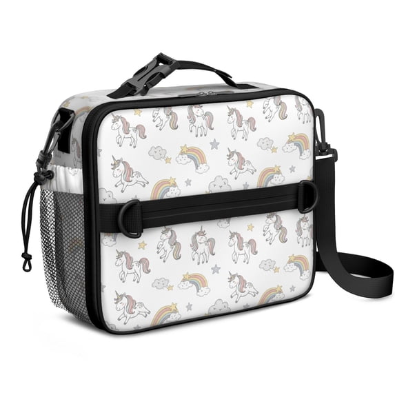 Unicorn and Cloud White Pattern Insulated Lunch Bag with Shoulder Strap and Bottle Holder,Bento School Lunch Bag Box,11x9.5x3.5 Inches