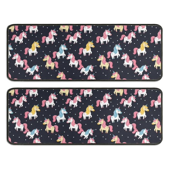 Unicorn and Colorful Black Pattern Anti Fatigue Kitchen Rugs Set Of 2, Non Slip Washable Decorative Floor Mats for Sink Laundry and Home Use, 17"x47"