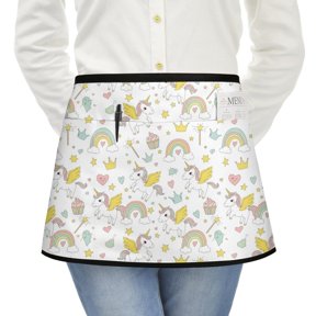 Unicorn and Crown White Pattern Server Half Apron with Pockets,22.8 X 11.8 Inch Half Waist Design with Black Trim,Restaurant Waitstaff Uniform
