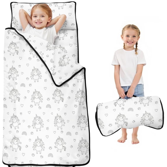 Unicorn and Crown White Pattern Teens Toddler Nap Mat with Pillow, Sleeping Mat Bag for Preschool Daycare 50"x20"