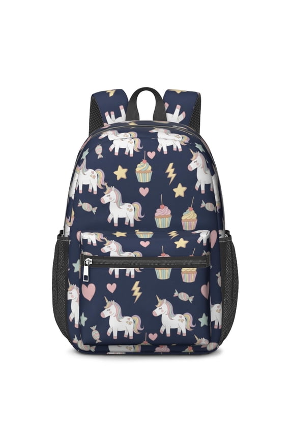 Unicorn and Cupcake Blue Pattern 17" School Backpacks for Teens,Waterproof Oxford Fabric,S-Shape Padded Straps for School,Travel,Hiking,Camping